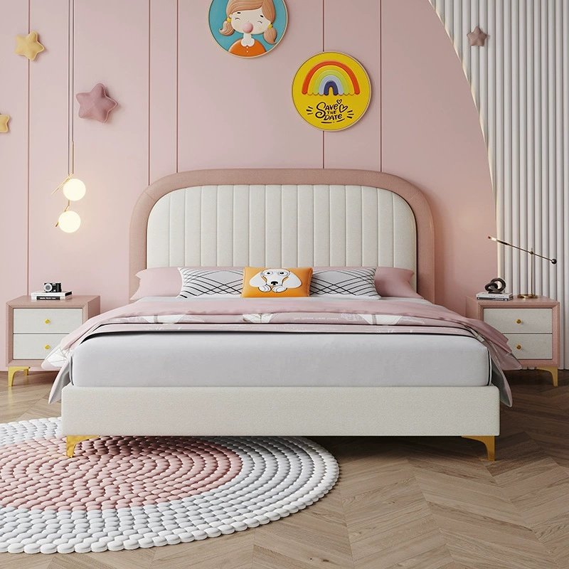 Lanmeng Island Wholesale Twin Children's Pink Bed Modern Kids Wooden Frame Beds Up-Holstered Full Size Bedroom Furniture Soft Bed for Girl Boy