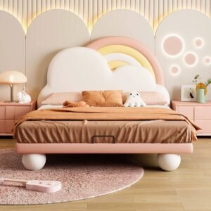Lanmeng Island Wholesale Modern Rainbow Kids Colorful Beds Cloud Wooden Frame Up-Holstered Bedroom Furniture Soft Children's Bed for Girl Boy