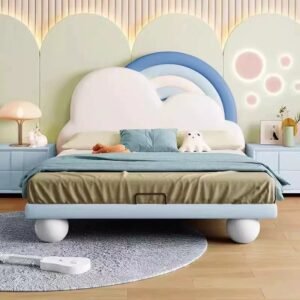 Lanmeng Island Modern High Quality Rainbow Kids Beds Blue Cloud Wooden Frame Up-Holstered Bedroom Furniture Soft Children's Bed for Girl Boy