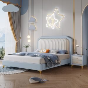 Lanmeng Island Lovely Twin Wooden Frame Up-Holstered Bed Soft Children's Bed for Girl Boy Modern Full Size Kids Colorful Beds Bedroom Furniture