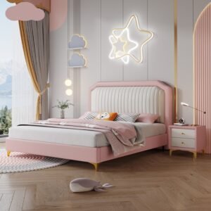 Lanmeng Island Cute Soft Children's Bed for Girl Boy Modern Full Size Kids Colorful Beds Twin Pink Wooden Frame Up-Holstered Bedroom Furniture