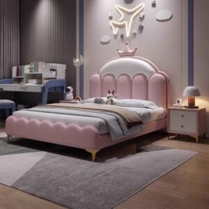 Lanmeng Island Children's Modern Simple Bedroom Pink Single Kid Solid Wood Boys Bed Crown Girls Artificial Leather Beds Feature Full Sizes