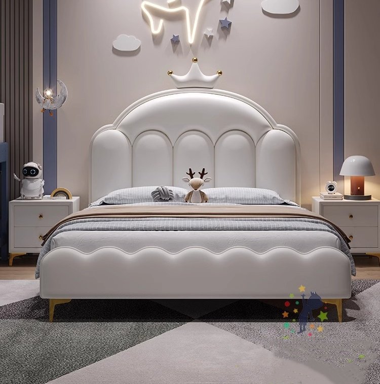 Lanmeng Island Hot Children's Modern Bedroom Furniture Single Kid Solid Wood Boys Bed Crown Girls Artificial Leather Beds Feature Full Sizes