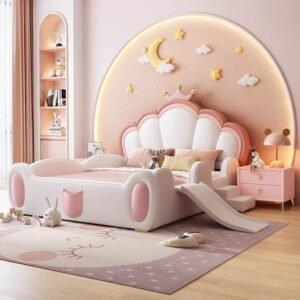 Lanmeng Island Wholesaler Children Parapet Beds Kids New Crown Design Bed Boy Cute Double Kids Pink Bed With Stairs Slide Bedroom Furniture Set