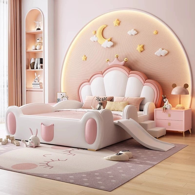 Lanmeng Island Wholesaler Children Parapet Beds Kids New Crown Design Bed Boy Cute Double Kids Pink Bed With Stairs Slide Bedroom Furniture Set