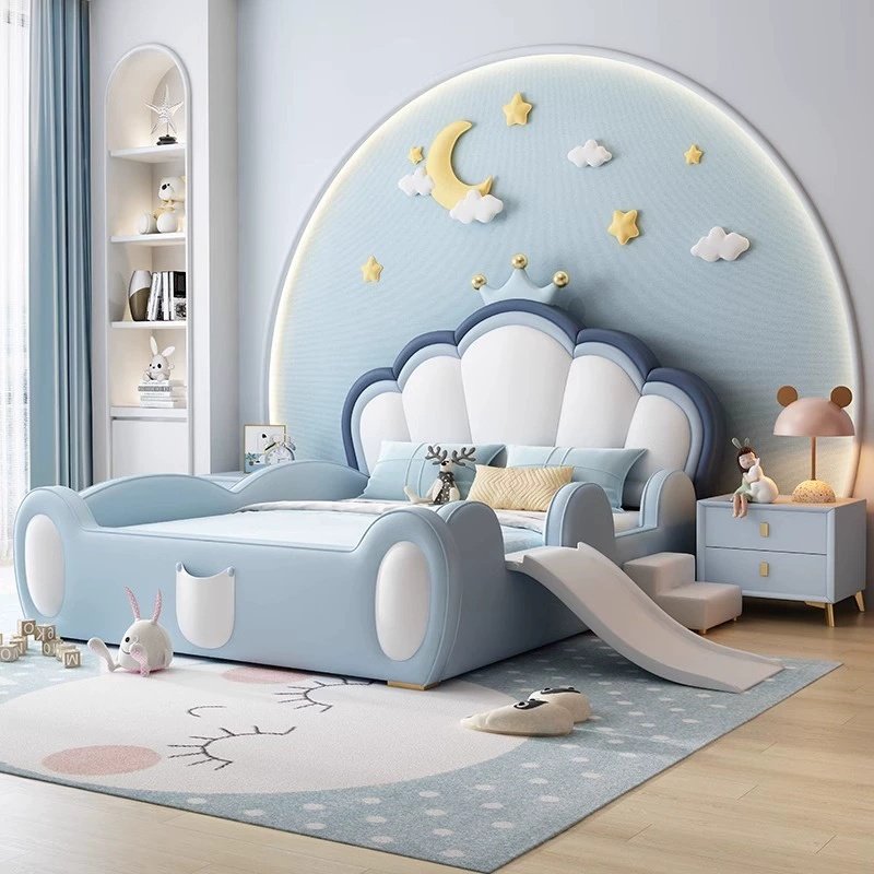 Lanmeng Island Hot Blue Child Parapet Beds Cute Crown Design Bed Girl Cute Double Kids Bed With Stairs Slide Bedroom Furniture Set Wholesaler
