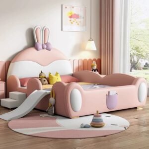 Lanmeng Island Wholesaler Children Parapet Beds Kid New Bunny Design Bed Boy Cute Double Kids Pink Bed With Stairs Slide Bedroom Furniture Set