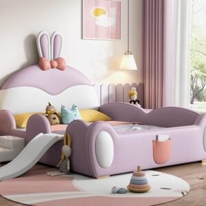 Lanmeng Island Children Parapet Beds New Bunny Design Bed Girl Cute Double Kids Violet Bed With Stairs Slide Bedroom Furniture Set Wholesaler