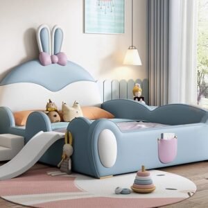 Lanmeng Island New Rabbit Design Bed Children Parapet Beds Cute Double Kids Upholstered Bed With Stairs Slide Baby Bedroom Furniture for Girl