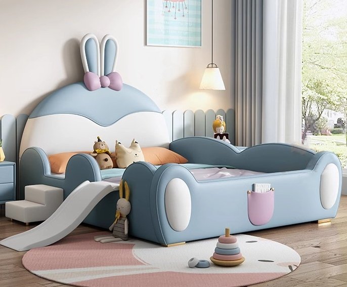 Lanmeng Island New Rabbit Design Bed Children Parapet Beds Cute Double Kids Upholstered Bed With Stairs Slide Baby Bedroom Furniture for Girl