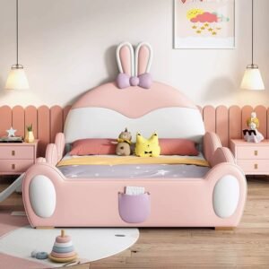 Lanmeng Island Kid Parapet Beds New Bunny Design Bed Cute Double Kids Pink Baby Bed With Stairs Slide Children Bedroom Furniture Wholesale