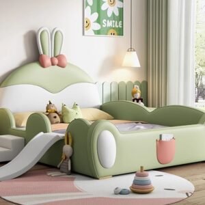 Lanmeng Island Kid Colour Parapet Beds Bunny Design Bed Cute Double Kids Green Baby Bed With Stairs Slide Children Bedroom Furniture Wholesale