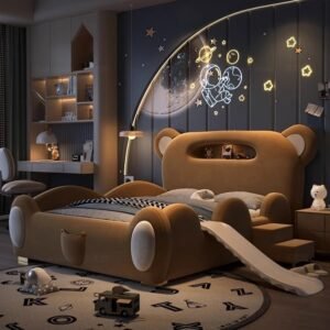 Lanmeng Island Kid Parapet Beds New Bear Design Bed Cute Double Boy Girl Baby Bed With Stairs Slide Storage Child Bedroom Furniture Wholesale