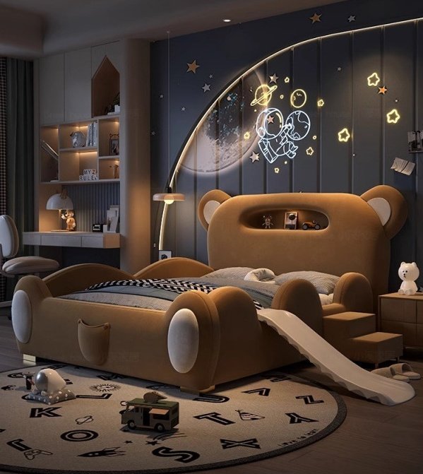 Lanmeng Island Kid Parapet Beds New Bear Design Bed Cute Double Boy Girl Baby Bed With Stairs Slide Storage Child Bedroom Furniture Wholesale