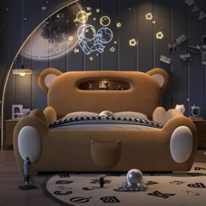 Lanmeng Island Hot Selling Bear Design Baby Bed Parapet Beds Cute Full Size Kids Bed With Stairs Slide Storage Kid Bedroom Furniture Wholesale