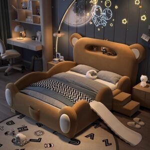 Lanmeng Island Kids New Bear Design Bed Cute Double Boy Girl Baby Bed With Stairs Slide Storage Child Parapet Beds Bedroom Furniture Wholesale