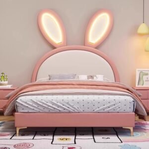 Lanmeng Island Hot Selling Kid LED Light Ears Beds New Bunny Design Bed Cute Double Girl Pink Baby Bed Children Bedroom Furniture Wholesale