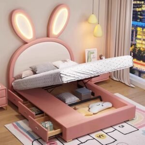 Lanmeng Island Hot Selling High Quality Storage Lovely Girl Pink Bed Kid LED Light Ears Beds Bunny Design Bed Child Bedroom Furniture Wholesale