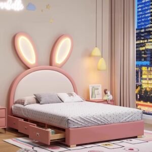 Lanmeng Island Hot Selling Kid LED Light Ears Beds New Bunny Design Bed Cute Double Girl Pink 3 Drawers Bed Child Bedroom Furniture Wholesale