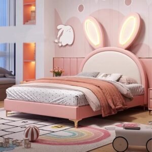 Lanmeng Island Lovely Animal Girl Pink Baby Bed Kid LED Light Ears Beds New Bunny Design Bed Hot Selling Children Bedroom Furniture Wholesale