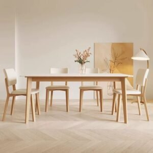 Lanmeng Island Nordic Luxury Modern Rectangle Stone Top Kitchen Table with Beech Wood Frame Dining Table Chair Set 4 6 Seater
