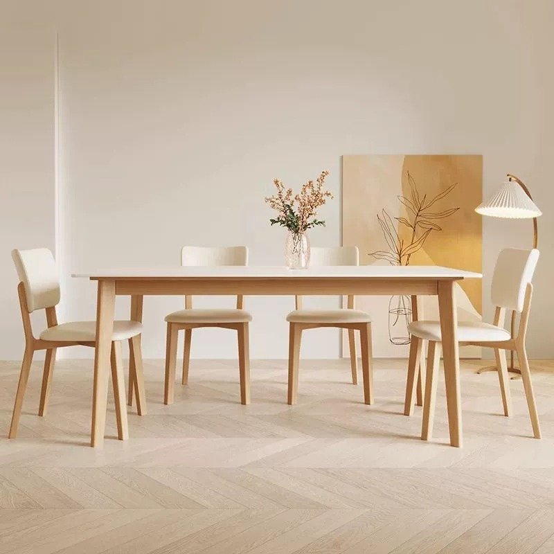 Lanmeng Island Nordic Luxury Modern Rectangle Stone Top Kitchen Table with Beech Wood Frame Dining Table Chair Set 4 6 Seater