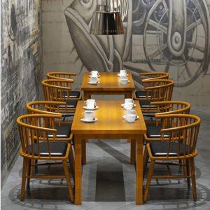 Lanmeng Island Nostalgic Modern Farmhouse Solid Wood Dining Table Chair Set Revolving PU Restaurant Log Table Chair Set for Pub Bar Dining