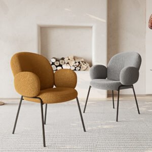 Lanmeng Island Modern Lamb'swool Fur Fabric Upholstered Boucle Leisure Accent Armchair Steel Base Light Restaurant Dining Beauty Cafe Chair