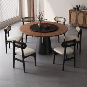 Lanmeng Island Retro Style Walnut Round Dining Table Pedestal Dining Room Dining Set for 6 People Kitchen Villa Restaurant