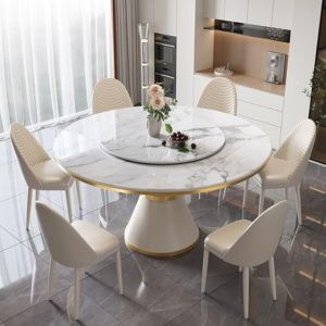 Lanmeng Island Round Sintered Stone Dining Table with Lazy Susan and White Pedestal