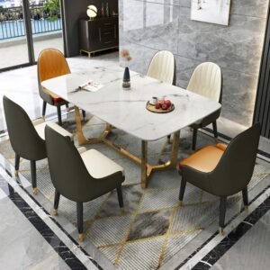 Lanmeng Island Modern Golden Metal Rectangular Sintered Stone Dining Table Set for 6 Dining Table and Chair Combination for Home Restaurant