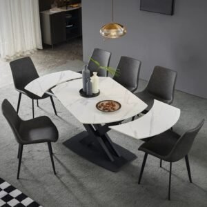 Lanmeng Island Extendable Luxury Rectangular Sintered Stone Dining Table with Metal Base Telescopic Space Saving Dining Table