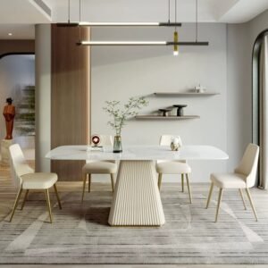 Lanmeng Island White Rectangular Sintered Stone Dining Table with Metal Pedestal