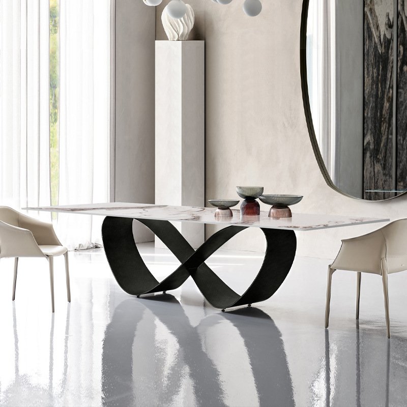 Lanmeng Island Modern White Dining Table With Sintered Stone Tabletop Butterfly Shape Carbon Steel Legs for Dining Room
