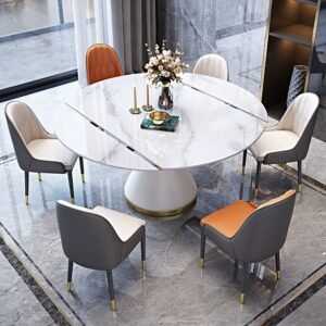 Lanmeng Island Retractable Round White Stone Dining Table with Metal Pedestal Base