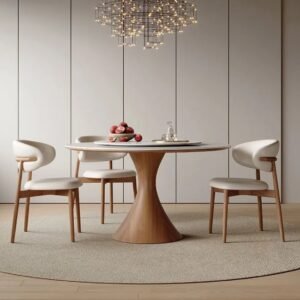 Lanmeng Island Walnut Round Dining Table with Sintered Stone Tabletop and Wooden Pedestal Base Solid Wood Dining Table for Home Furniture