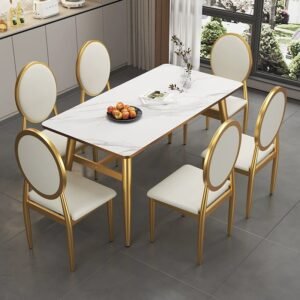 Lanmeng Island Gold Frame Dining Table Stone Tabletop Combination Furniture Rectangle Table and Chair Set for Restaurant Dining Room Kitchen