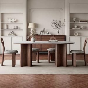 Lanmeng Island Oval Sintered Stone Dining Table with Walnut Wood Base