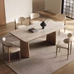 Lanmeng Island Dining Room Furniture White Stone Rectangle Kitchen Dining Table With Wood Double Pedestal Base for Restaurant Apartment Villa