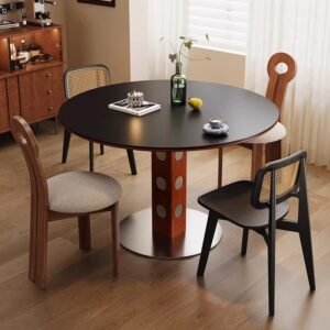Lanmeng Island Modern Furniture Round Stainless Steel Base Dining Table Solid Wood Legs Negotiation Table Kitchen Dinner Table Set for 6/8