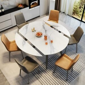 Lanmeng Island White Sintered Stone Extendable Round Dining Tables with Black Metal Legs for 4 to 6 Apartment Home Furniture Dining Room Table