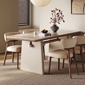 Lanmeng Island French Retro Minimalist Rectangular Dining Table Set Travertine Sintered Stone Tabletop With Double Wood Pedestal