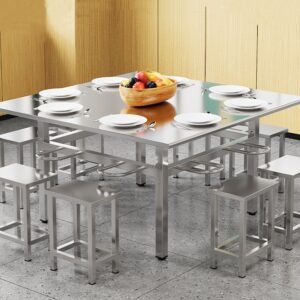 Lanmeng Island Modern Design Stainless Steel Hanging Stool Set 8 Seat Dining Table Chair Combination for Home Furniture Use for Staff Students