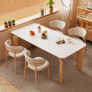 Lanmeng Island Contemporary White Sintered Stone Top Rectangular Dining Table With Natural Wood Leg Restaurant Tables