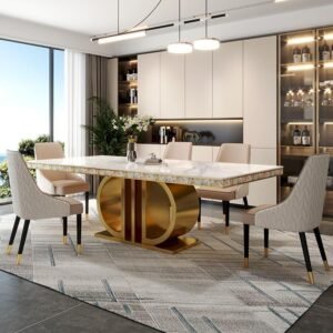 Lanmeng Island Modern Luxury Gold Stainless Steel Leg Sintered Stone Dining Table Set Household Rectangle Restaurant Table 6 Chairs