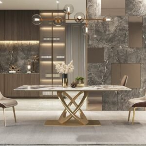 Lanmeng Island Luxury Rock Slab Dining Table with Gold Stainless Steel Base