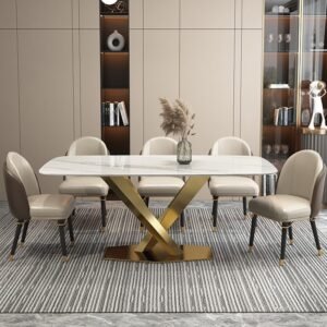 Lanmeng Island Luxurious Modern Rectangular Tabletop Finish Dining Table With X-shaped Gold Stainless Steel Leg for Ki