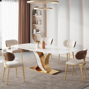 Lanmeng Island Modern Luxury Rectangular Dining Table Set Gold Stainless Steel for Home Hotel Restaurant Furniture