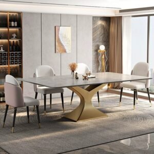 Lanmeng Island Luxury Rectangular Sintered Stone Top Dining Table Set for 6 With Brushed Gold Stainless Steel Legs Dining Room Furniture