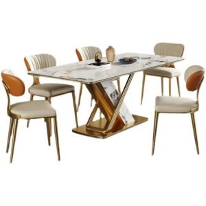 Lanmeng Island Luxury Dining Table Set Gold Stainless Steel Leg Decoration Rectangular Marble Dining Table for Hotel and Home